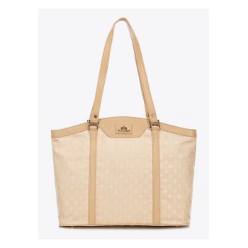 Geanta shopper din zakard cu insertii din piele -  monogram - crem - 30x45cm