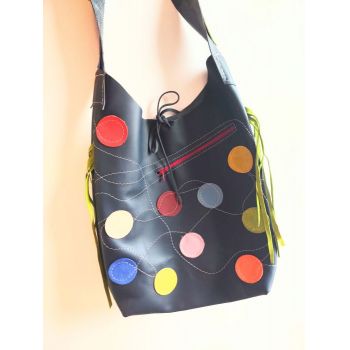 Geanta tip sac cu bulinute  colorate ,din piele naturala bleumarin