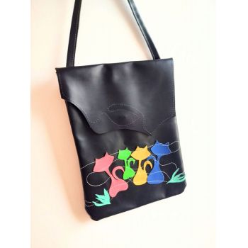 Geanta vesela din piele naturala neagra  ,Dansul pisicutelor