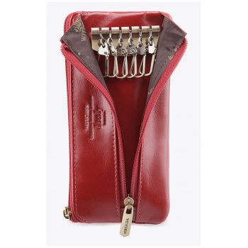 Husa pentru chei  piele naturala rosie - 6 carabiniere - dimensiuni 8x15cm