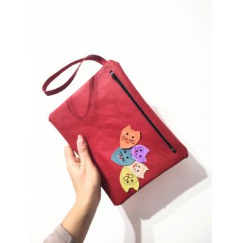 Portfard din piele naturala cu pisicute colorate