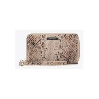 Portofel dama  din piele naturala - cu model imitatie piele de sarpe - 10x17cm - cu protectie RFID - cu breloc detasabil