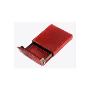 Portofel pentru carti de vizita  piele naturala/metal - 10.5x6.5x1.5cm - rosu