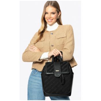 Rucsac fashion dama  din piele ecologica cu insertie textila - negru - 2 compartimente