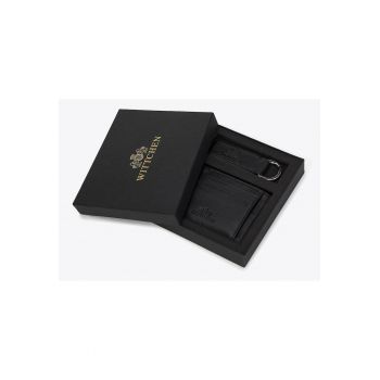 Set etui din piele pentru carduri si breloc  9 compartimente - piele naturala - negru