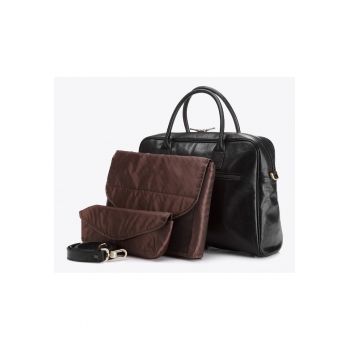 Set geanta dama  piele naturala - neagra - cu husa pentru laptop 32x24x5cm si portfard 26x11x4cm