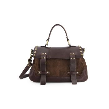 Geanta crossbody dama  piele intoarsa - maro - 21x35x15cm - 5 buzunare interioare - curea detasabila max 114cm
