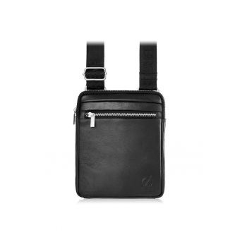 Geanta din piele - Brodrene - Postasi - G-02 - pentru barbati - pe umar - 18 x 23 x 5 cm - Negru