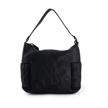 Geanta din piele naturala - neagra - cu 3 buzunare exterioare