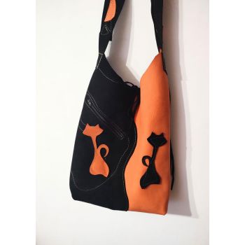 Geanta sac ,din piele naturala  intoarsa portocalie si neagra ,cu pisicute