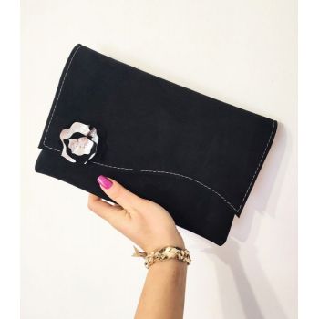 Plic negru din piele naturala intoarsa , cu trandafir tridimensional ,festiv