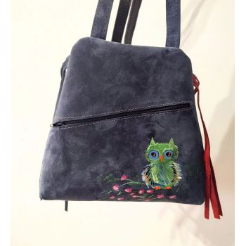 Rucsac bleumarin din piele naturala cu bufnita pictata