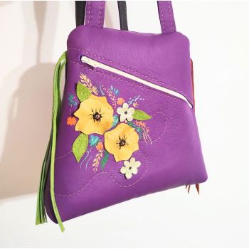 Rucsac mov din piele naturala , cu motiv floral,unicat