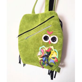 Rucsac olive din piele naturala cu bufnita , unicat