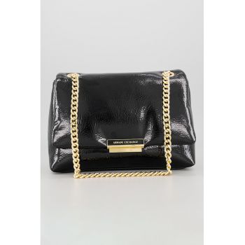 Geanta din piele ecologica cu bareta de umar si aspect lacuit