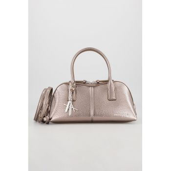 Geanta din piele ecologica cu bareta de umar si aspect metalizat