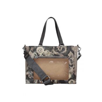 Geanta dama  Manifesto - bej/negru - 29x21x13cm - doua manere - curea reglabila