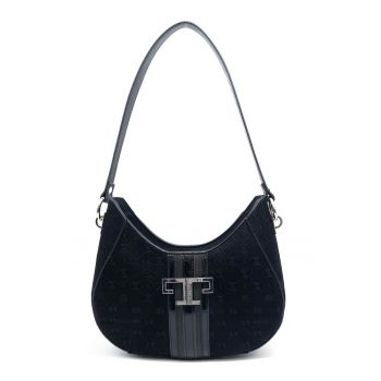 Geanta de piele ecologica cu bareta de umar si model - Negru