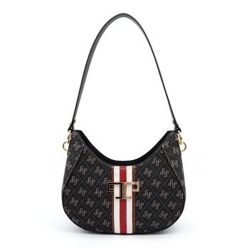 Geanta de piele ecologica cu bareta de umar si model - Rosu - Alb - Negru