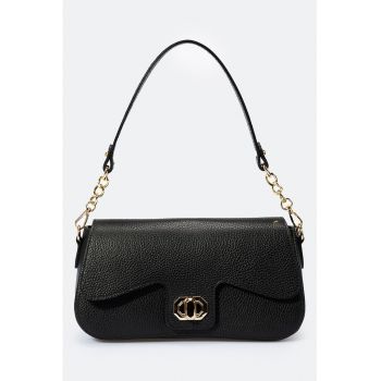 Geanta din piele cu bareta de umar - Negru