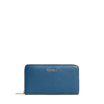Metallic large zip around wallet deep blue