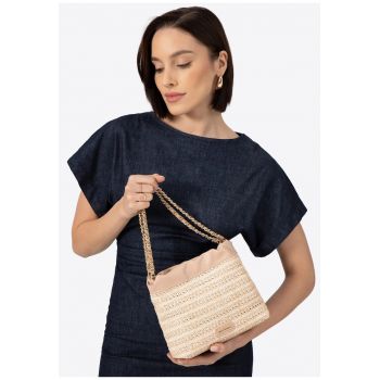 Geanta crossbody  bej - material textil si ecologic - cu doua compartimente - curea reglabila