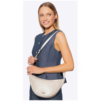Geanta crossbody dama  ecopiele crem - organizare interioara practica - curea lata ajustabila