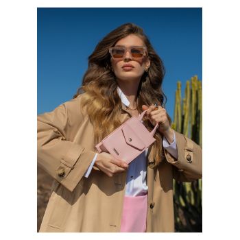 Geanta crossbody dama  roz - ecologica - 16x9cm - cu 3 compartimente pentru carduri - curea reglabila