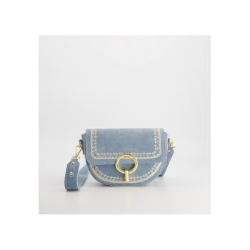 Geanta crossbody  din piele intoarsa - albastra - cu curea detasabila de 105 cm - cu buzunare interioare si exterioare