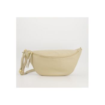 Geanta crossbody din piele naturala -  bej - 40x16x1 -5cm - cu detalii aurii - pentru femei