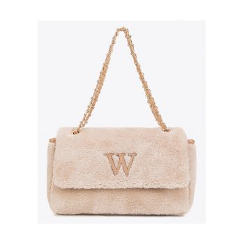 Geanta dama crossbody  poliester - crem - cu detalii din ecopiele - cu lant elegant