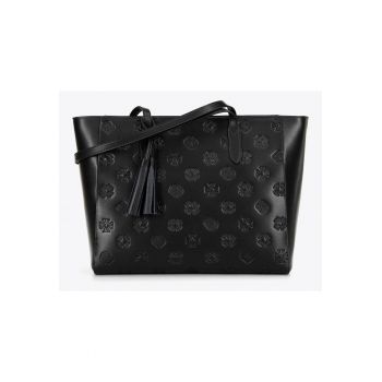 Geanta dama  din piele naturala - neagra-silver - cu 3 compartimente - cu manere din microfibra