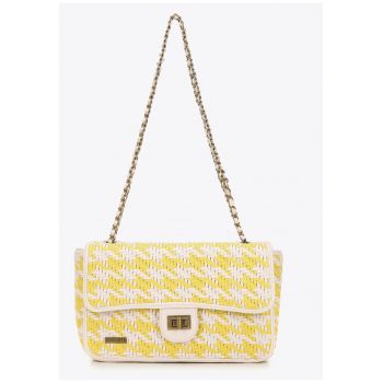 Geanta dama  listonoska din material sintetic - alb-galben - dimensiuni medii - cu lant metalic.