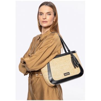 Geanta dama  model boho - bej-negru - dimensiuni mici - cu manere si detalii decorative.