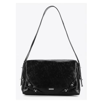 Geanta dama  shopper cu detalii decorative - ecopiele - neagra - 30x45cm