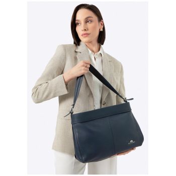 Geanta dama  shopper din piele naturala - albastra - cu trei compartimente - curea reglabila si maner detasabil