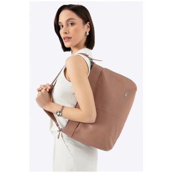 Geanta dama  shopper din piele naturala - bej - cu 3 buzunare - curea reglabila