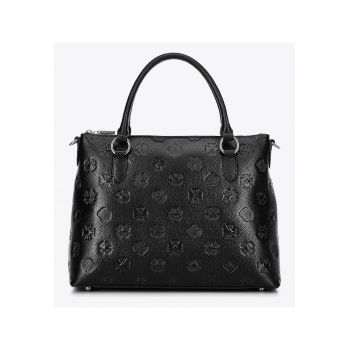 Geanta dama  shopper din piele naturala - cu trei dimensiuni 30x45cm - Negru si argintiu