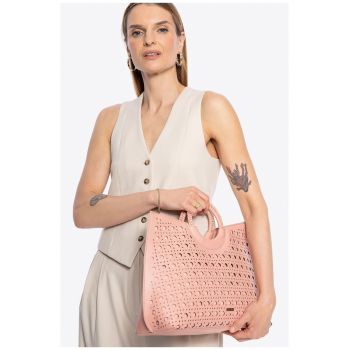 Geanta dama shopperka  din ecosemne - roz - cu manere impletite - model geometric