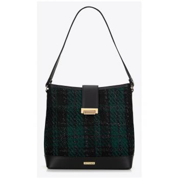 Geanta dama tip sac  material boucle - negru-verde - cu manere din ecopiele - dimensiuni 30x40cm