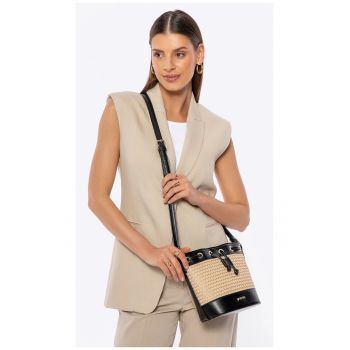 Geanta dama tip sac  poliuretan - decorativa - negru-bej - 30x40cm