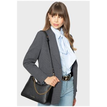 Geanta de dama  bagheta din piele naturala - negru-aurie - cu detalii decorative - 100% piele naturala