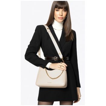 Geanta de dama  tip bagheta din piele naturala - crem - cu detalii decorative - dimensiuni practice.