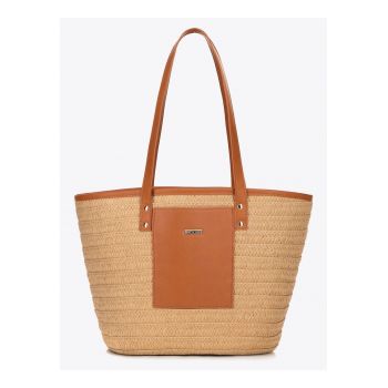 Geanta de dama tip cos  bej-maro - material din pletenie - cu detaliu din ecopiele - dimensiuni 30x25cm