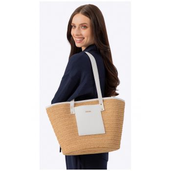 Geanta de dama tip cos  din pletenie - detaliu din ecopiele - bej-crem - 100% sloma de hartie - 100% poliester