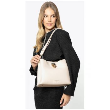 Geanta de umar dama  din piele naturala - crem - cu doua compartimente - curea lata