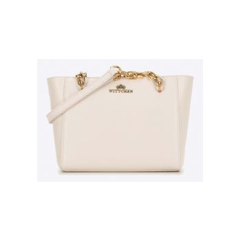 Geanta de umar  din piele naturala - crem - cu detalii din lant - 100% piele naturala