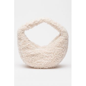 Geanta din material teddy si blana sherpa cu bareta de umar - Bej deschis
