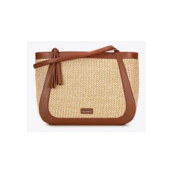 Geanta shopper boho  poliuretan - decorativa - cu doua compartimente - bej-maro