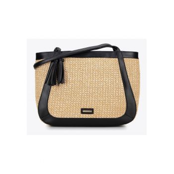 Geanta shopper boho  poliuretan - decorativa - cu doua compartimente - bej-negru
